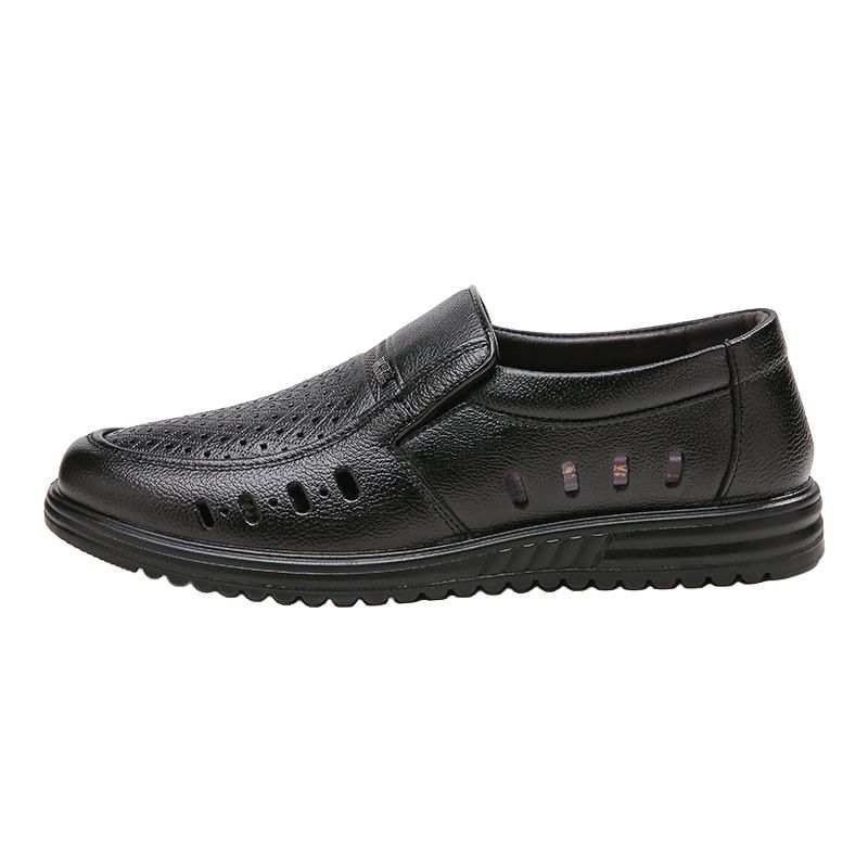 Warrior Summer Cut Out Leather Shoes, Middle Aged & Elderly Men's Top Grain Cow Leather Casual Shoes Men's