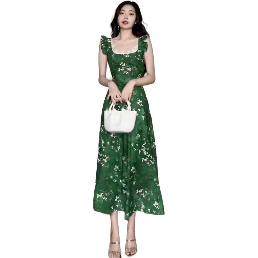 JBBCN JBBCN Slip Dresses Women's Green Square Collar Thin Long