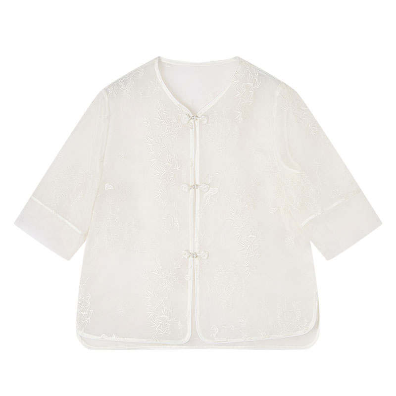 XIANGYING Cropped Coats Women's Heron White Crew Neck Thin