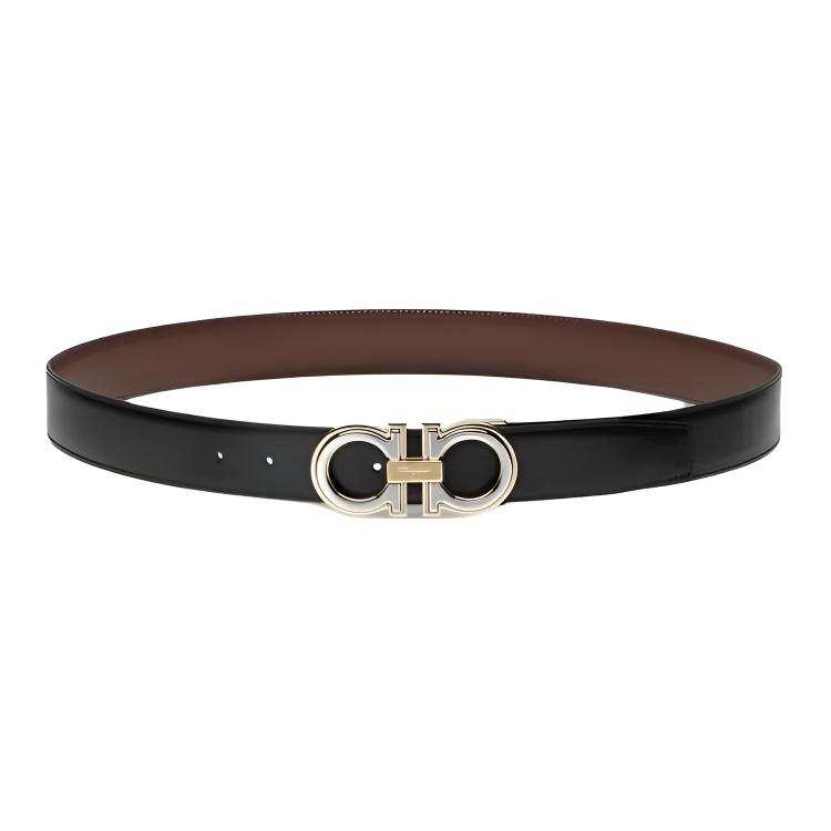 Ferragamo FERRAGAMO Calfskin Leather Belts Men's Black/Cocoa Width 3.5cm