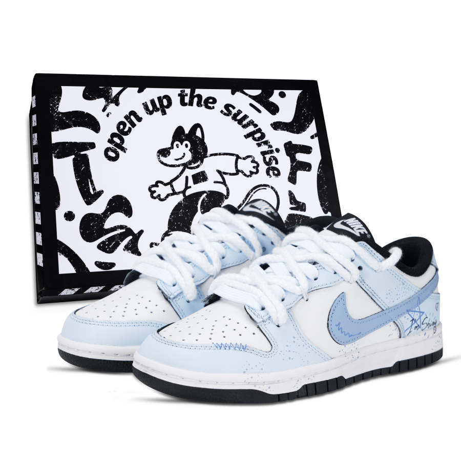 Nike Nike Dunk Black White, Ice Blue Star Sparkle Leather Abrasion Resistant Slip Resistant Low top Skateboard Shoes Unisex