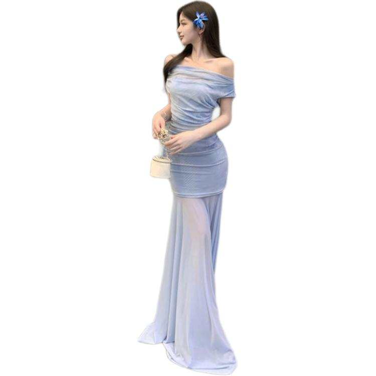 JBBCN Sleeveless Dresses Women's Aqua Blue Extended Length Boat Neck Thin Long