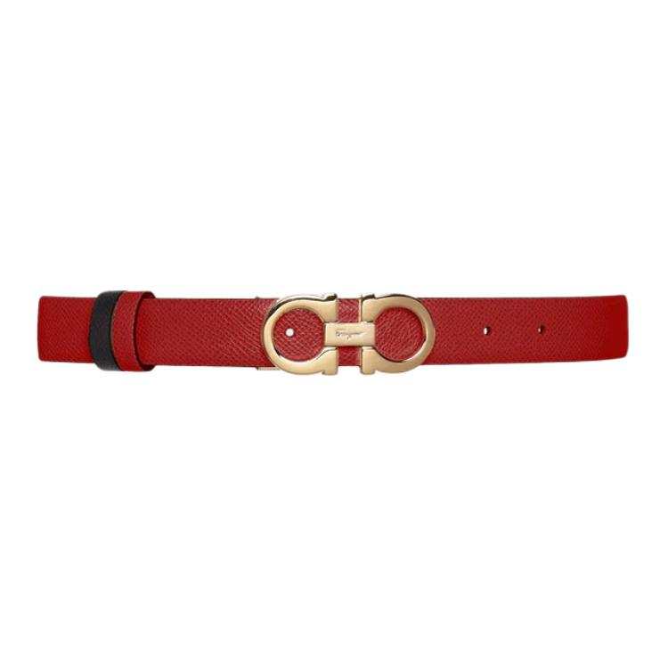 FERRAGAMO Hammered Texture Calfskin Leather Belts Women's Lipstick Red/Black Width 2.5cm