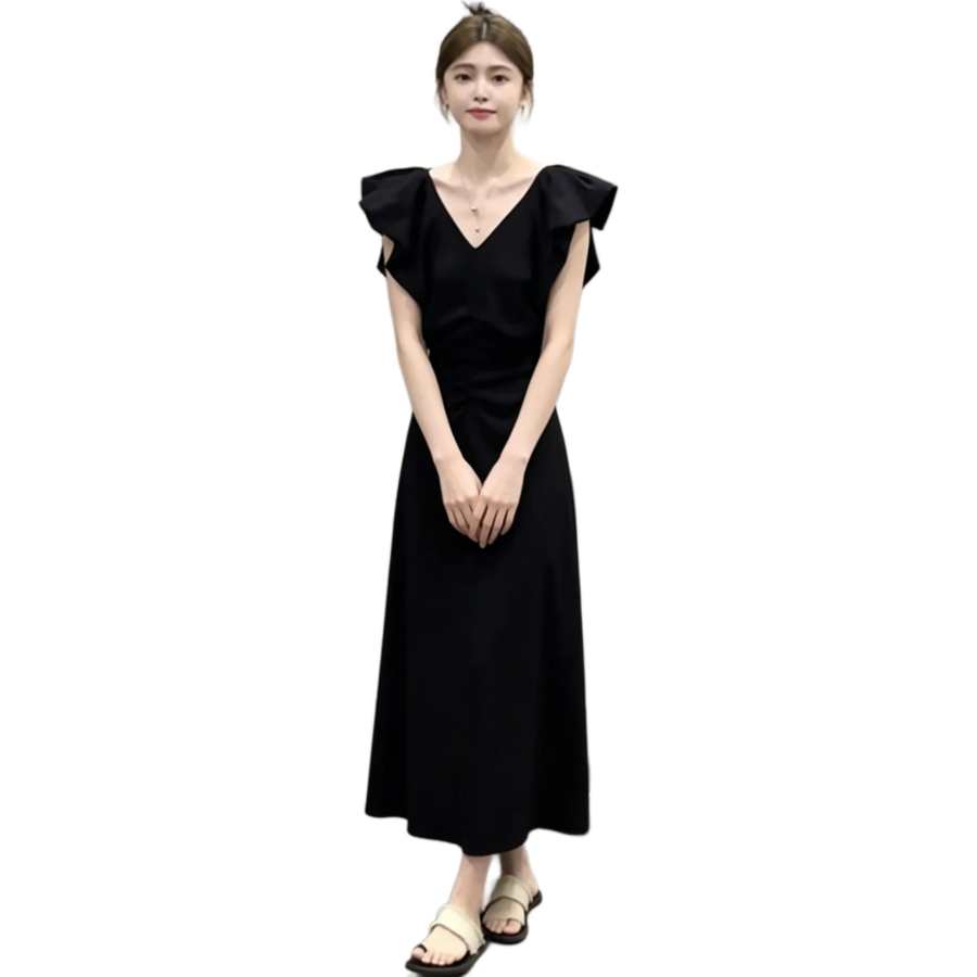 JBBCN Slip Dresses Women's Black V Neck Thin Mid Length