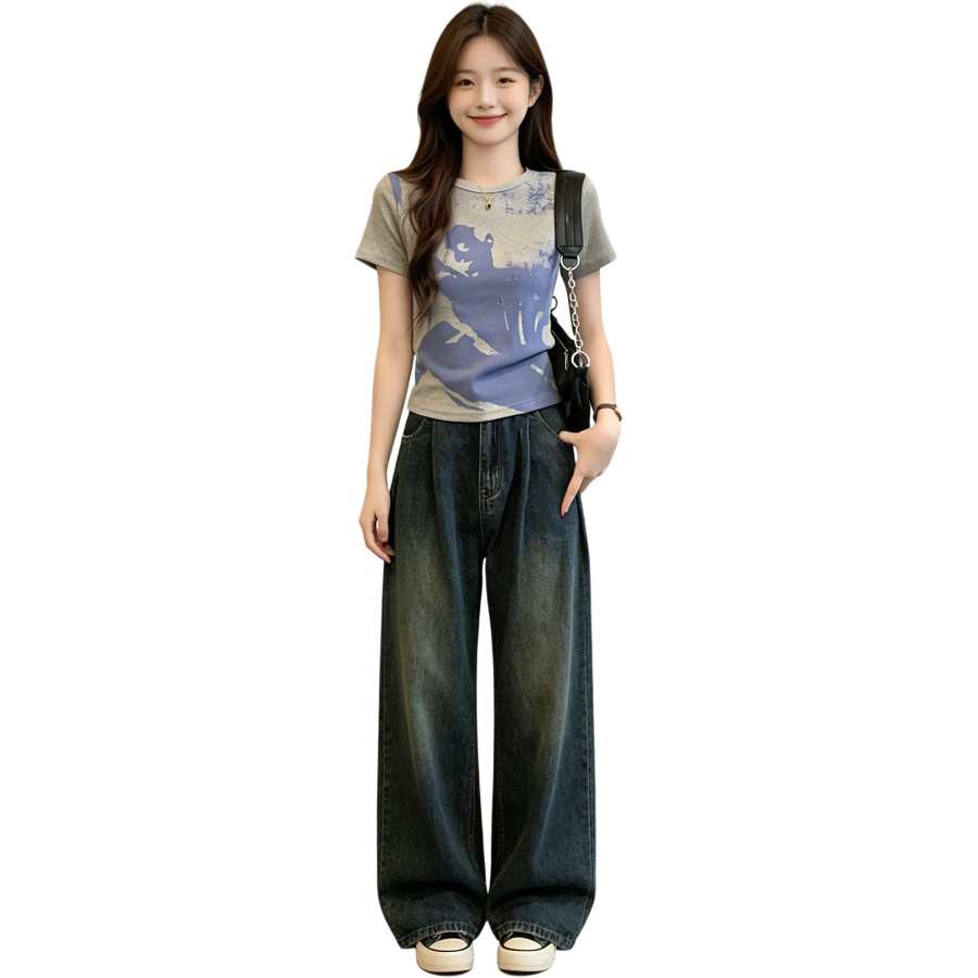 JBBCN T Shirts Women's Gray Blue Crew Neck