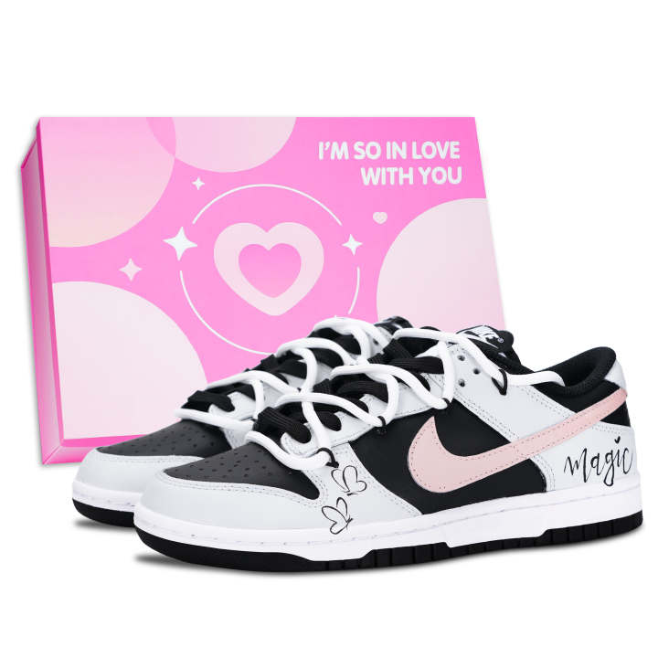 Nike Nike Dunk Black White, Magic Rhyme Butterfly Leather Low top Skateboard Shoes Unisex Gray Black Pink