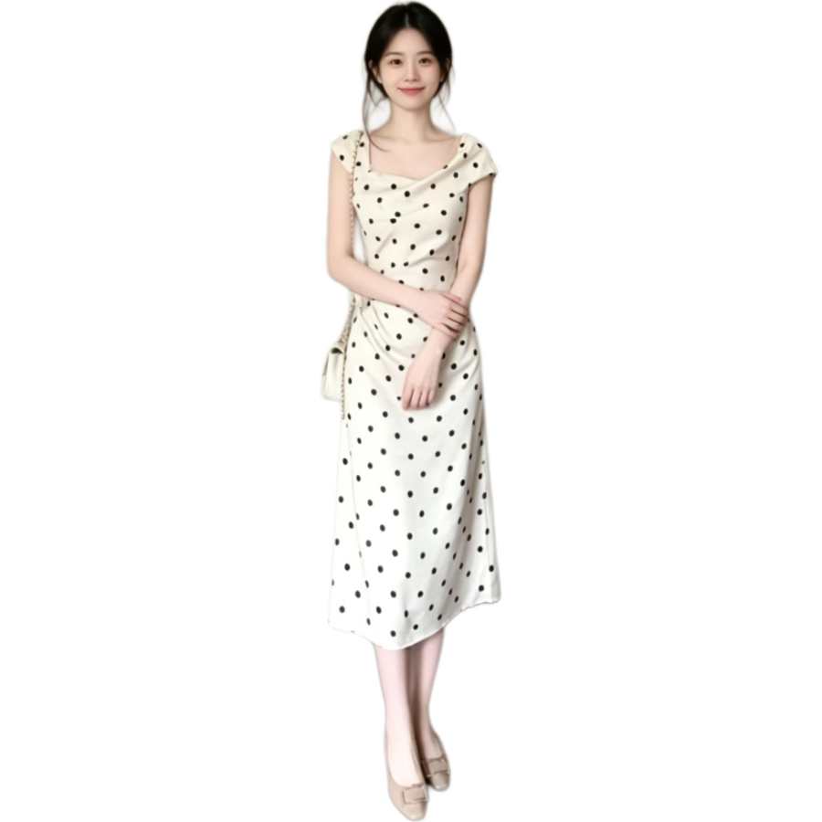 JBBCN Sleeveless Dresses Women's Polka Dot Beige U Neck Thin Mid Length