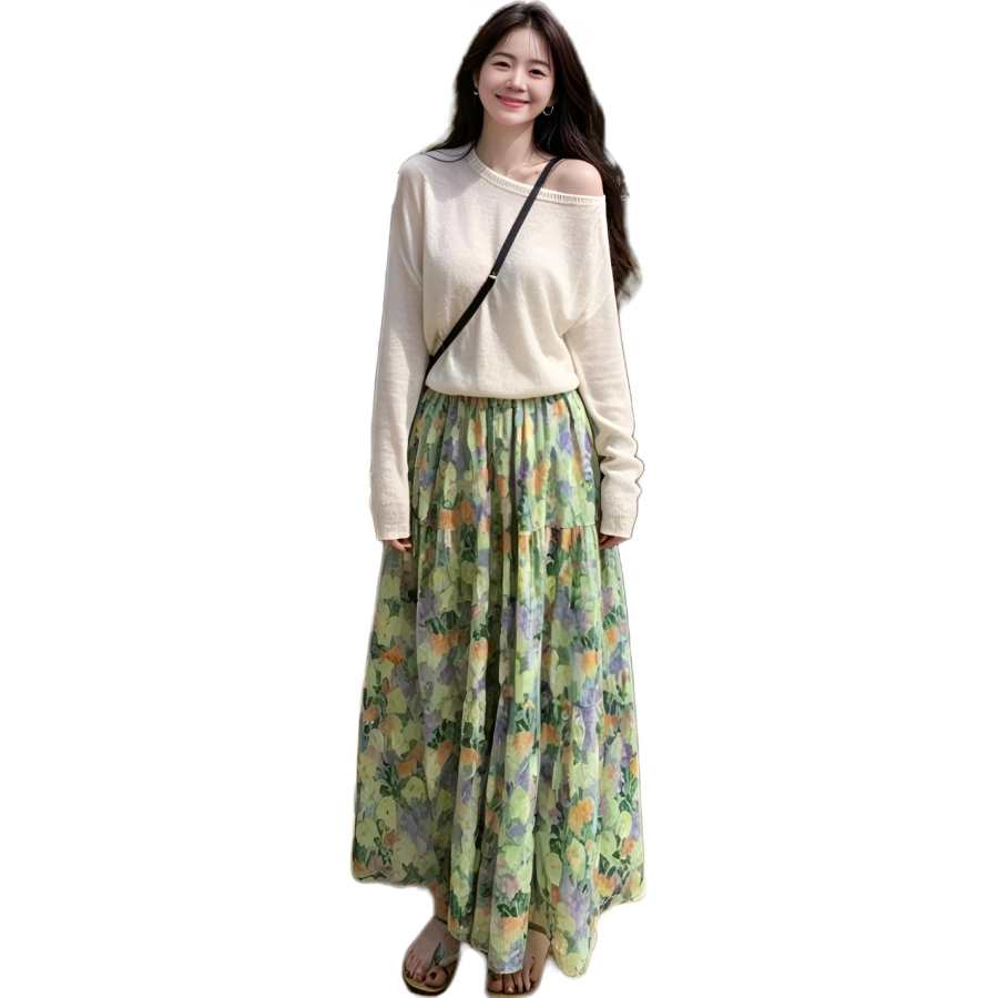 Cotton Gene Two Piece Skirt Sets Women's Crew Neck Moderate Long