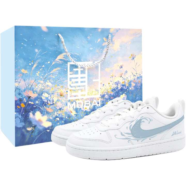 Nike Nike Court Borough Island Wave BOX Ink White Leather Low top Kids' Skateboarding Shoes White Blue Teenagers