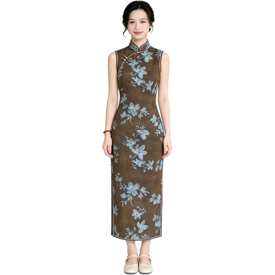 JBBCN Sleeveless Dresses Women's Coffee Base With Blue Floral Print Stand Collar Moderate Long