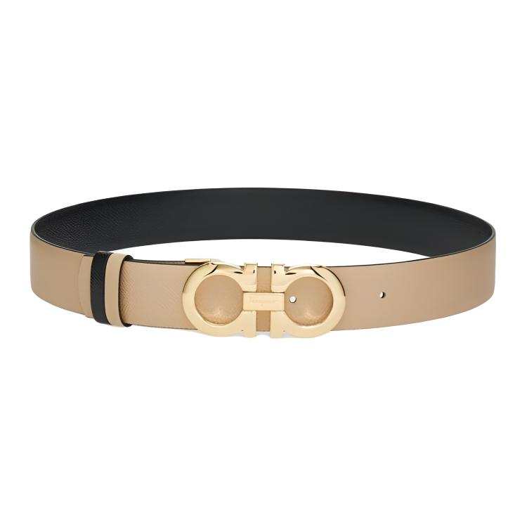 FERRAGAMO Hammered Texture Calfskin Leather Belts Women's Light Beige Yellow/Black Width 3.5cm