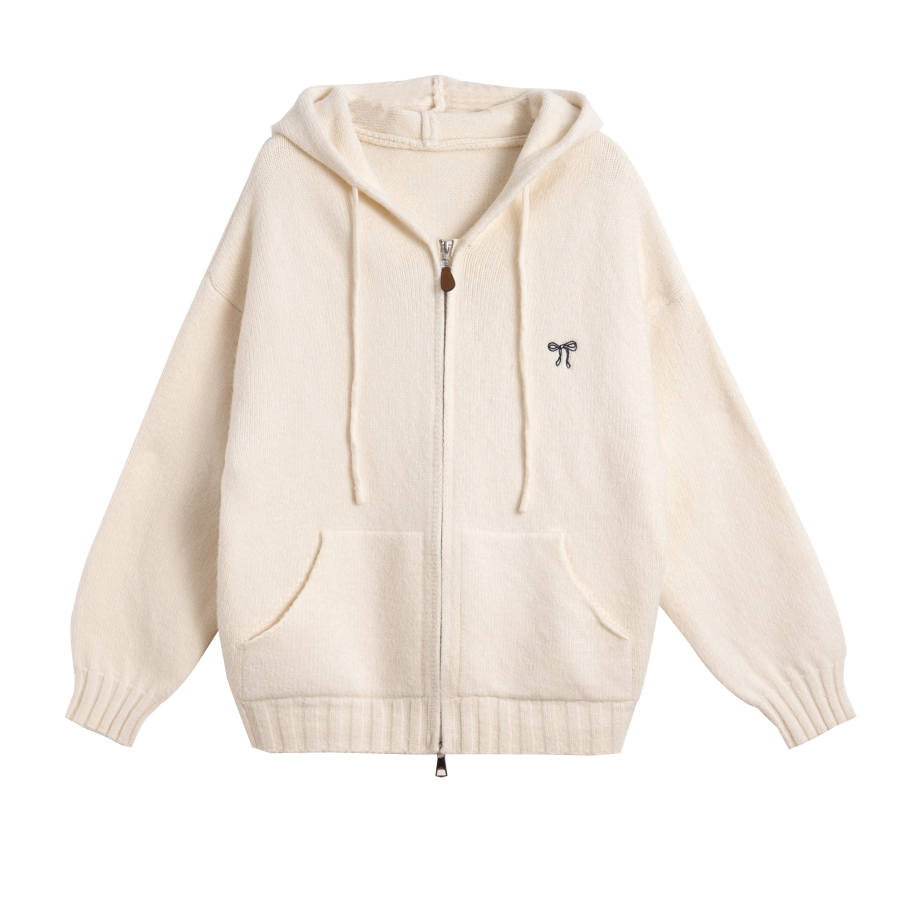 Tonlion Knitwear Women's Beige Apricot Hooded Moderate Cardigan