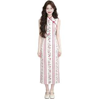 JBBCN Sleeveless Dresses Women's White Base With Red Stripes Stand Collar Moderate Long