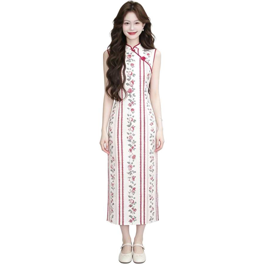 JBBCN Sleeveless Dresses Women's White Base With Red Stripes Stand Collar Moderate Long