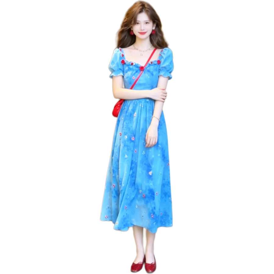 JBBCN Short Sleeved Dresses Women's Blue Short Sleeved Square Collar Thin Mid Length
