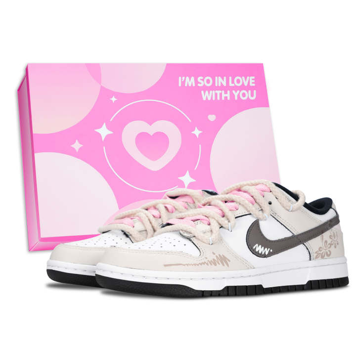 Nike Nike Dunk Black White, Flower Shadow Sweet Hook Leather Low top Skateboard Shoes Unisex Beige
