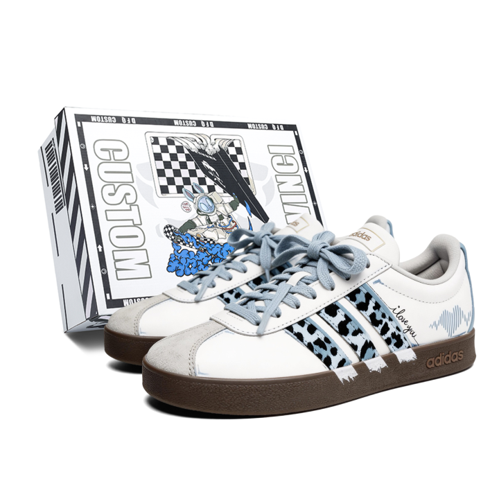 Adidas Adidas Vl Court Classic Dusty Blue Leopard, Box Low top Skateboard Shoes Unisex Blue
