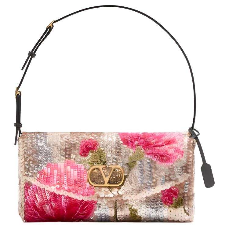 Valentino Organza With Sequins Shoulder Bag Small Women's Red & Silver