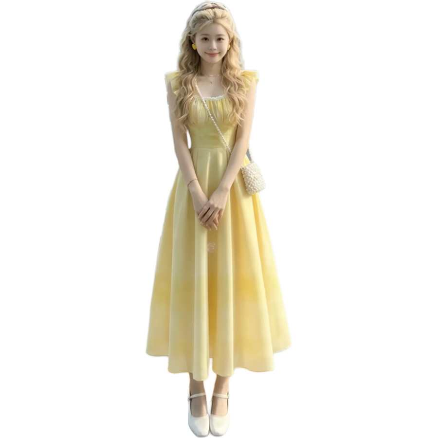 JBBCN Slip Dresses Women's Yellow V Neck Thin Mid Length