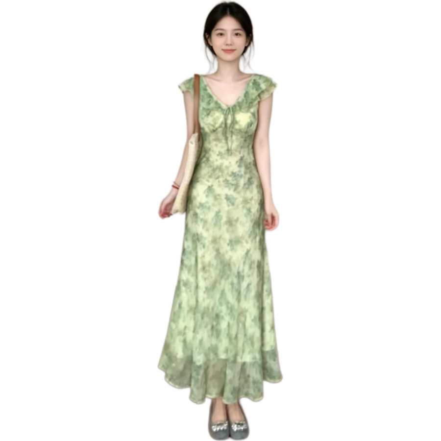 JBBCN Slip Dresses Women's Green V Neck Moderate Long