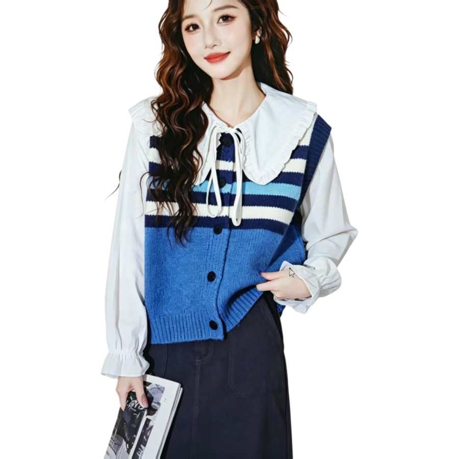 Tonlion Knitwear Women's Blue Tone Crew Neck Moderate Cardigan