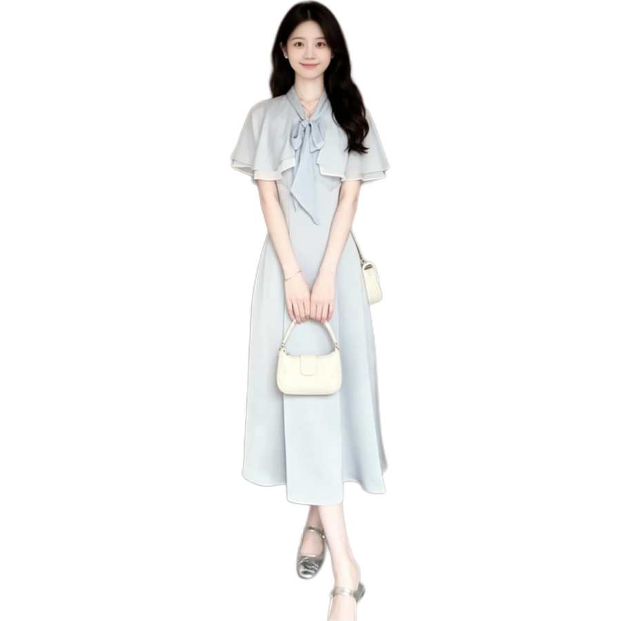 JBBCN Slip Dresses Women's Light Blue Ribbon Collar Thin Mid Length