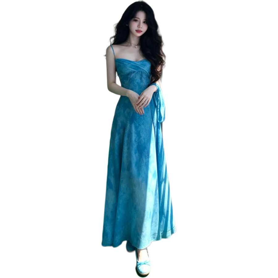 JBBCN Slip Dresses Women's Blue Boat Neck Thin Long