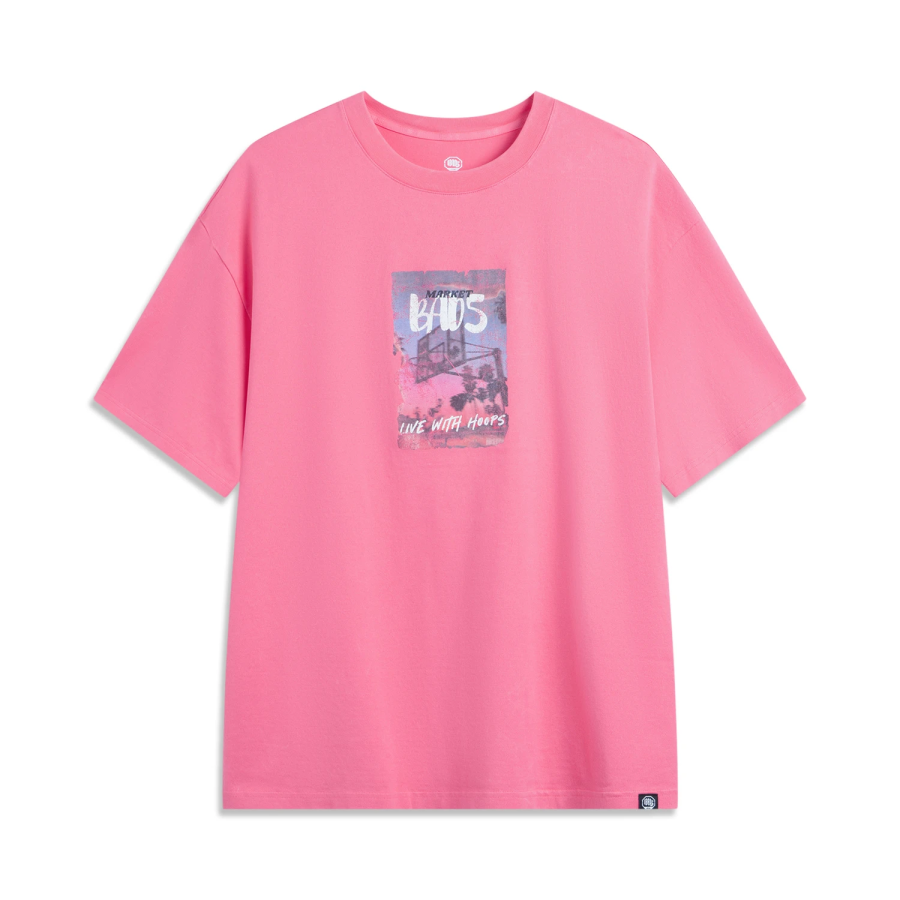 Li-Ning Li Ning T Shirts Men's Blossom Dan Pink Crew Neck Moderate Straight Fit