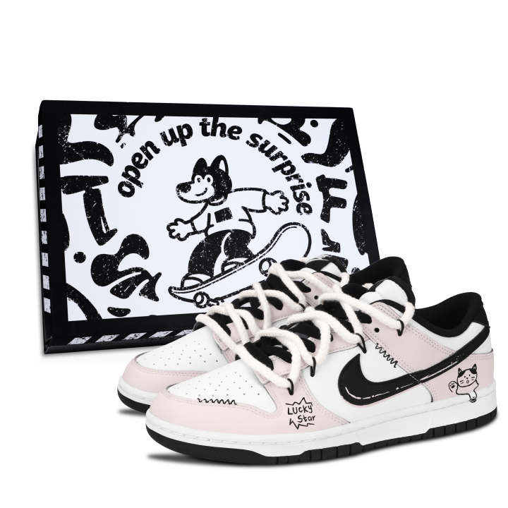 Nike Nike Dunk Black White, Pink Star Cute Cat Leather Low top Skateboard Shoes Unisex Pink