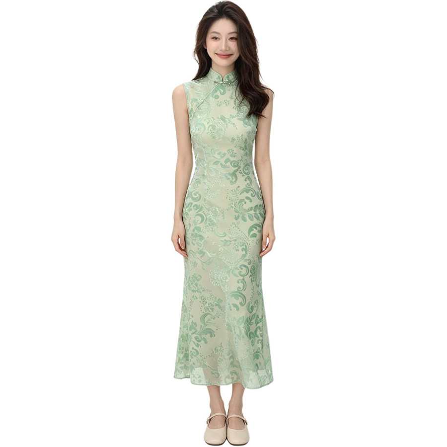 JBBCN Sleeveless Dresses Women's Lake Green Stand Collar Moderate Long