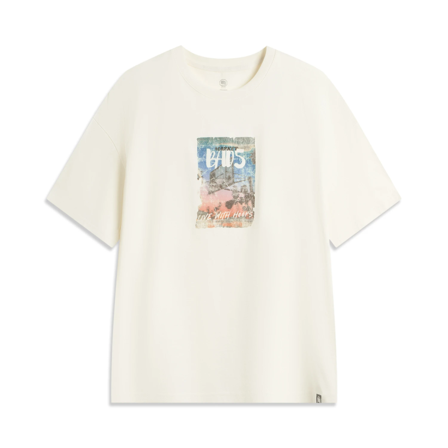 Li-Ning Li Ning T Shirts Men's Ecru Crew Neck Moderate Straight Fit