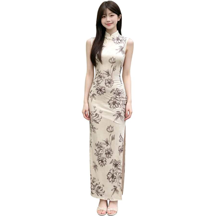 JBBCN Sleeveless Dresses Women's Apricot Stand Collar Moderate Long