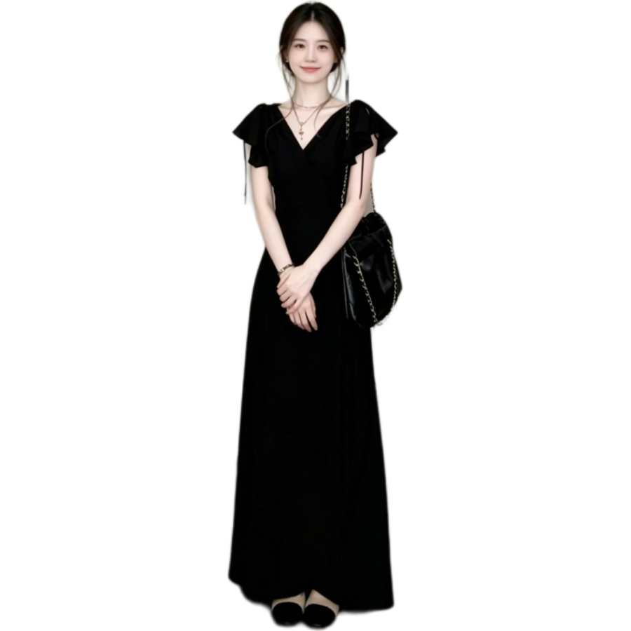 JBBCN Sleeveless Dresses Women's Black V Neck Moderate Long