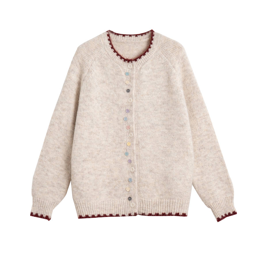Tonlion Knitwear Women's Beige Apricot Crew Neck Moderate Cardigan