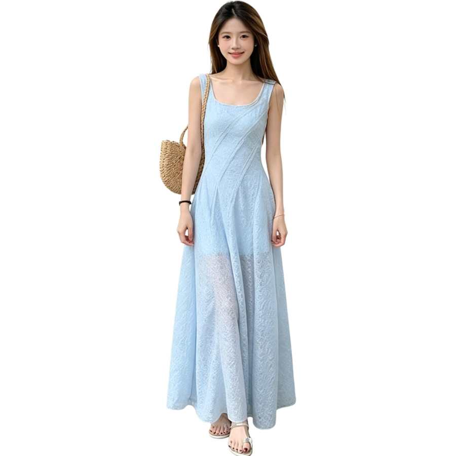 JBBCN Sleeveless Dresses Women's Blue Square Collar Moderate Long