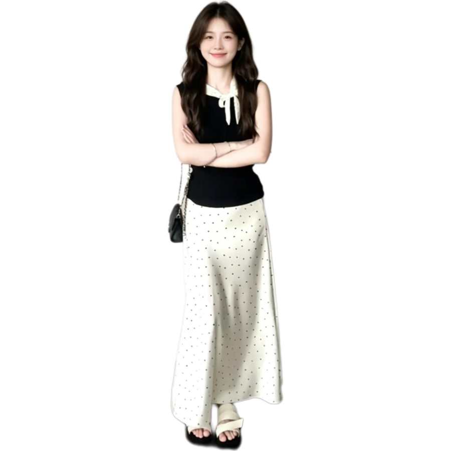 JBBCN Two Piece Skirt Sets Women's Ribbon Collar Thin Long