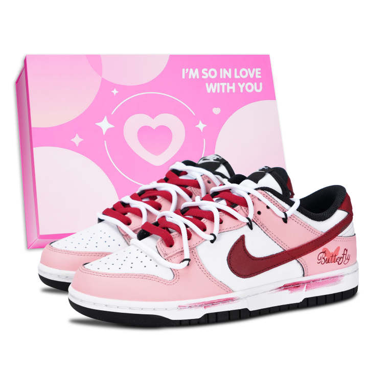 Nike Nike Dunk Black White, Pink Butterfly Sweet Order Leather Low top Skateboard Shoes Unisex Red Pink