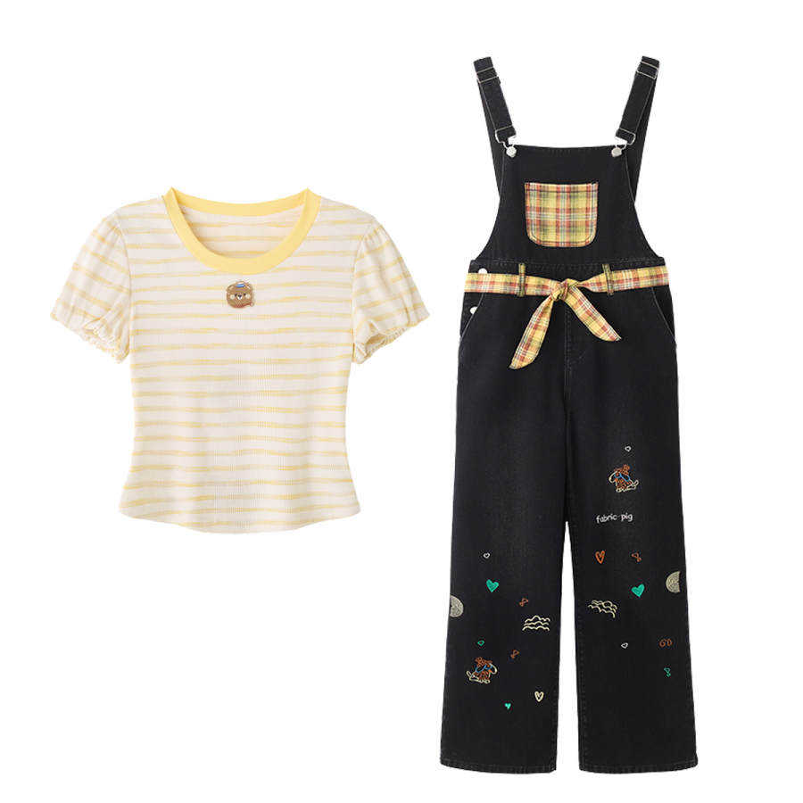 FABRIC PIG Casual Suits Women's Short Sleeved Top+Straps Pants Crew Neck Moderate