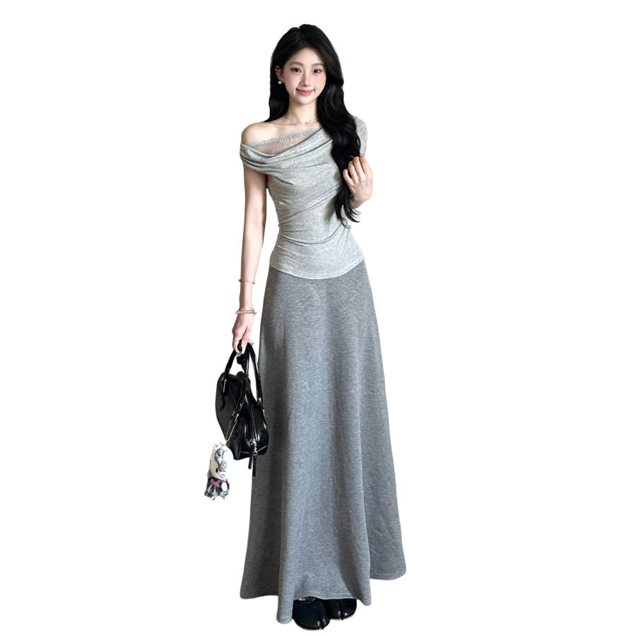Cotton Gene Two Piece Skirt Sets Women's Asymmetrical Collar Moderate Long