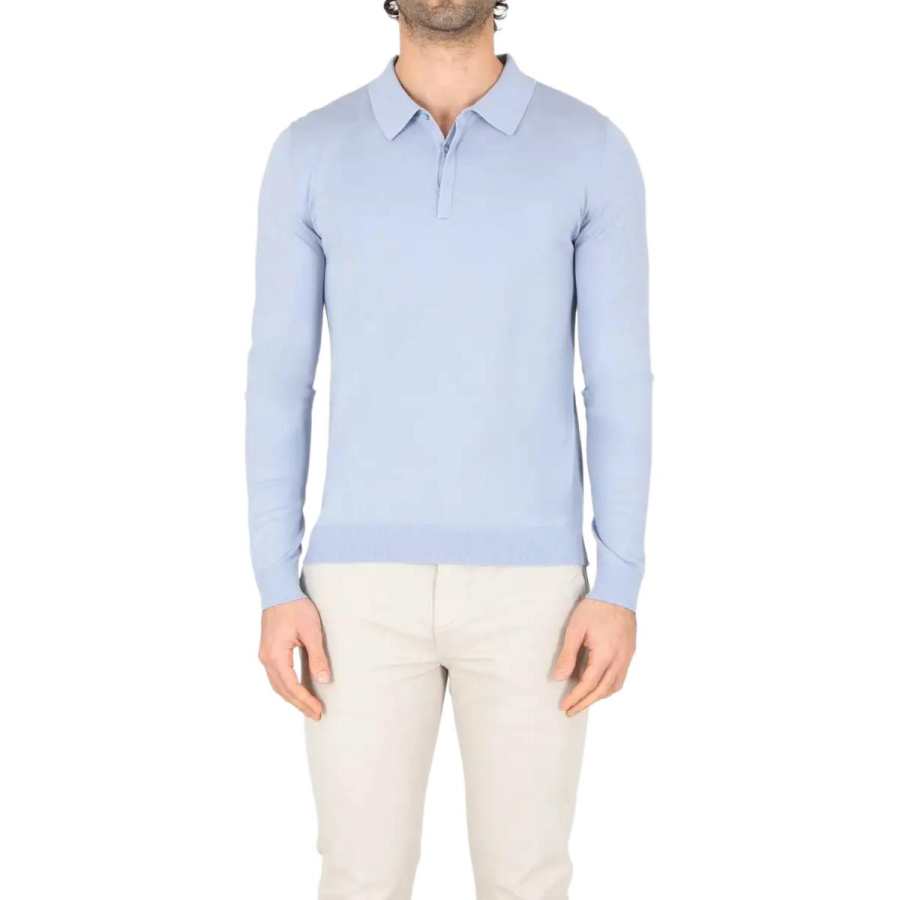 HUGO BOSS Knitwear Men's Light Blue Polo Collar Moderate