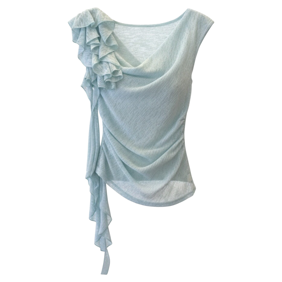 FINDSME GAGA T Shirts Women's Light Blue Draped Collar Moderate Other
