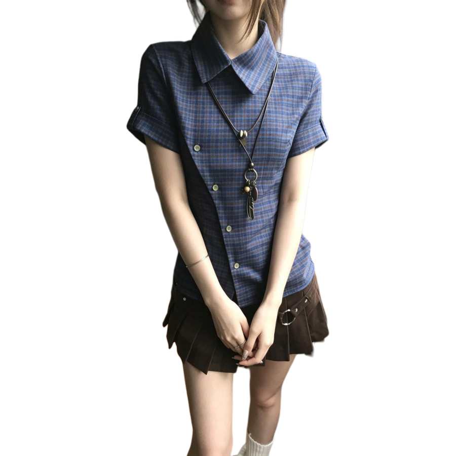 JBBCN Shirts Women's Blue Lapel Moderate Nipped In Waist