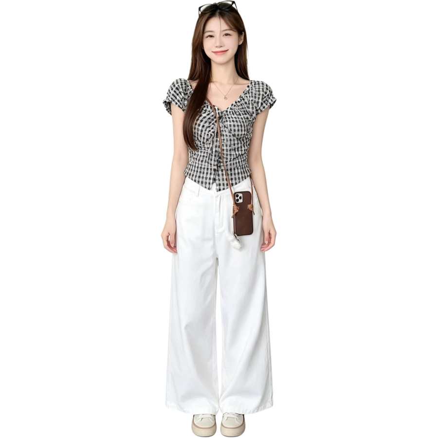 JBBCN T Shirts Women's Black White Plaid V Neck