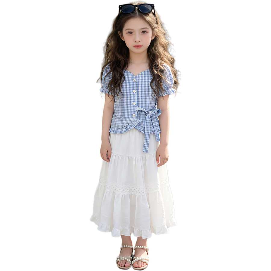 PLANDOO Kids Dresses V Neck Thin Mid Length