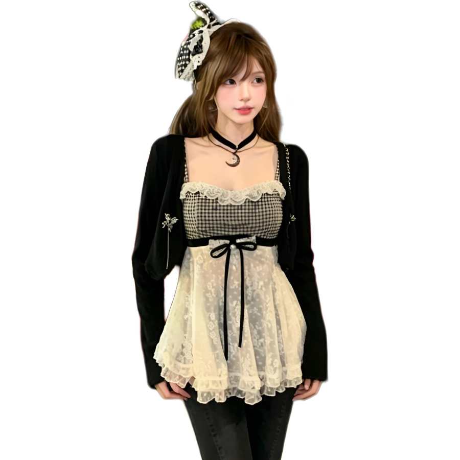 Cotton Gene Knitwear Women's Plaid Camisole Black Cardigan Crew Neck Moderate