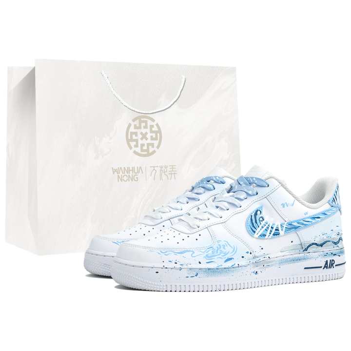 Nike Nike Air Force 1 Kaleidoscope, Wave, Shopping Bag Abrasion Resistant Low top Skateboard Shoes Unisex White Blue