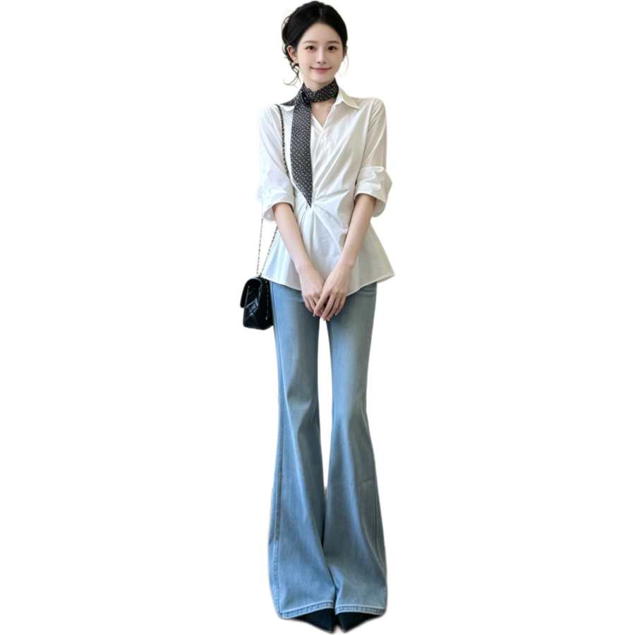 JBBCN Shirts Women's White Lapel Moderate Nipped In Waist