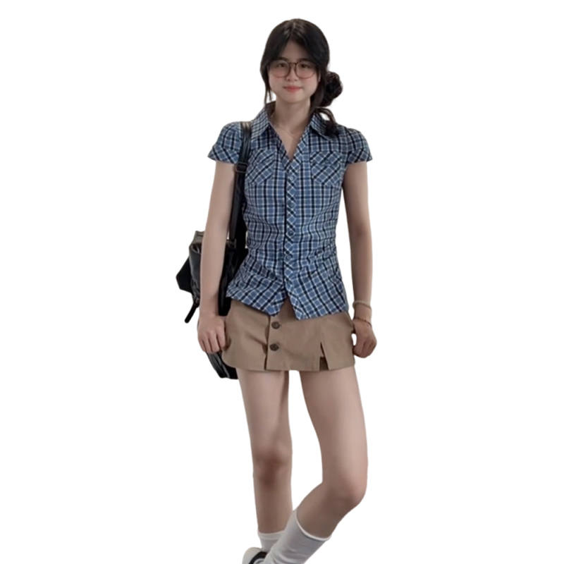 JBBCN Shirts Women's Blue Lapel Thin Nipped In Waist