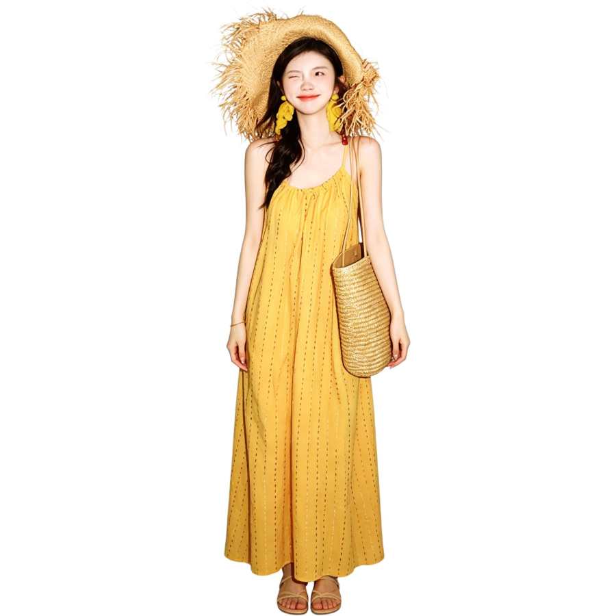 VENICEW Slip Dresses Women's Yellow Thin Long