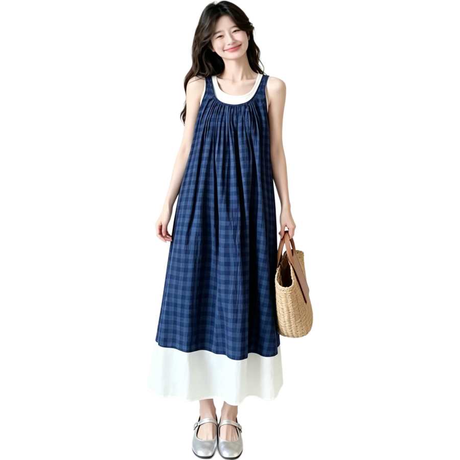 VENICEW Slip Dresses Women's Blue Crew Neck Moderate Long